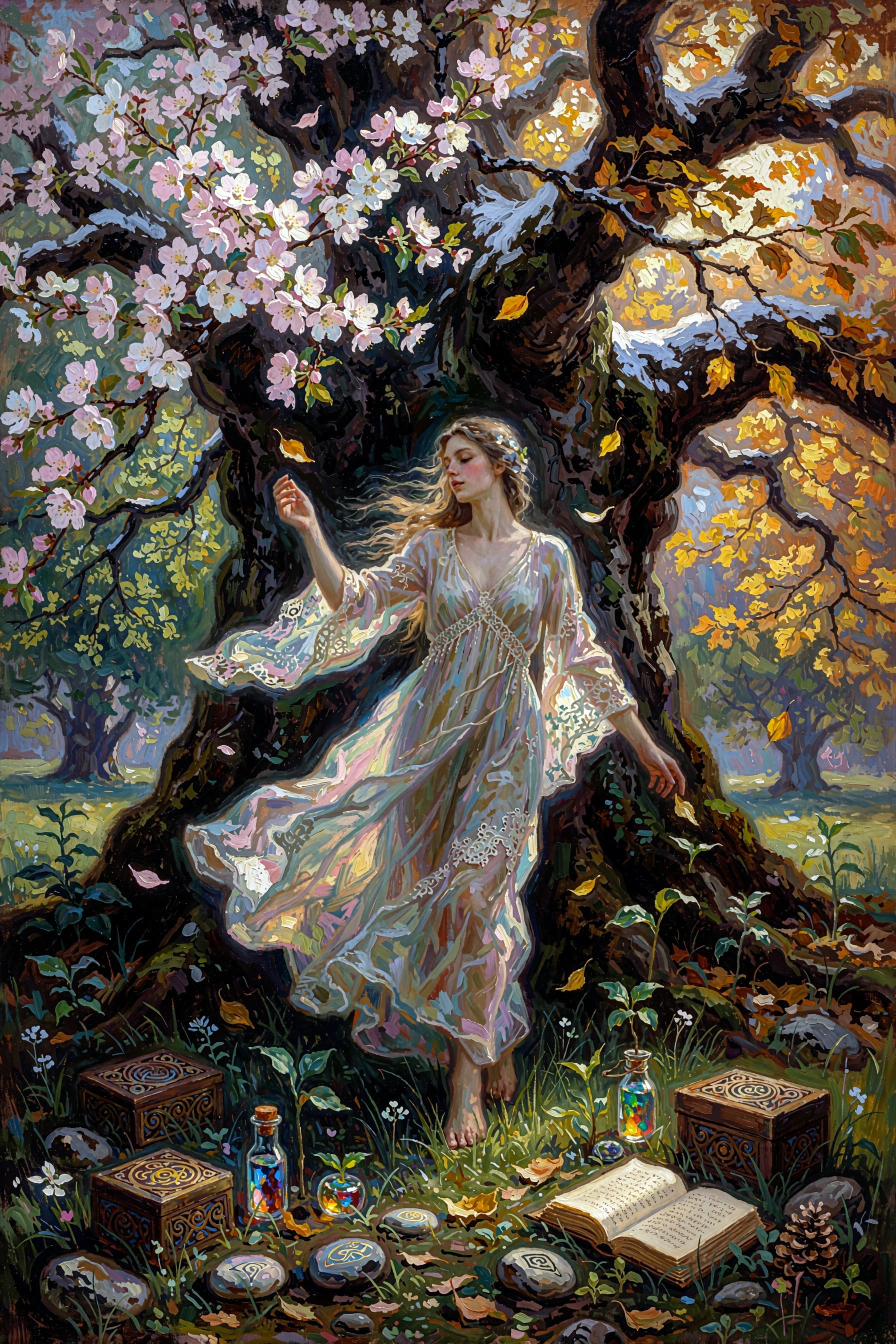 A woman stands beneath a tree whose branches hold every season at once.