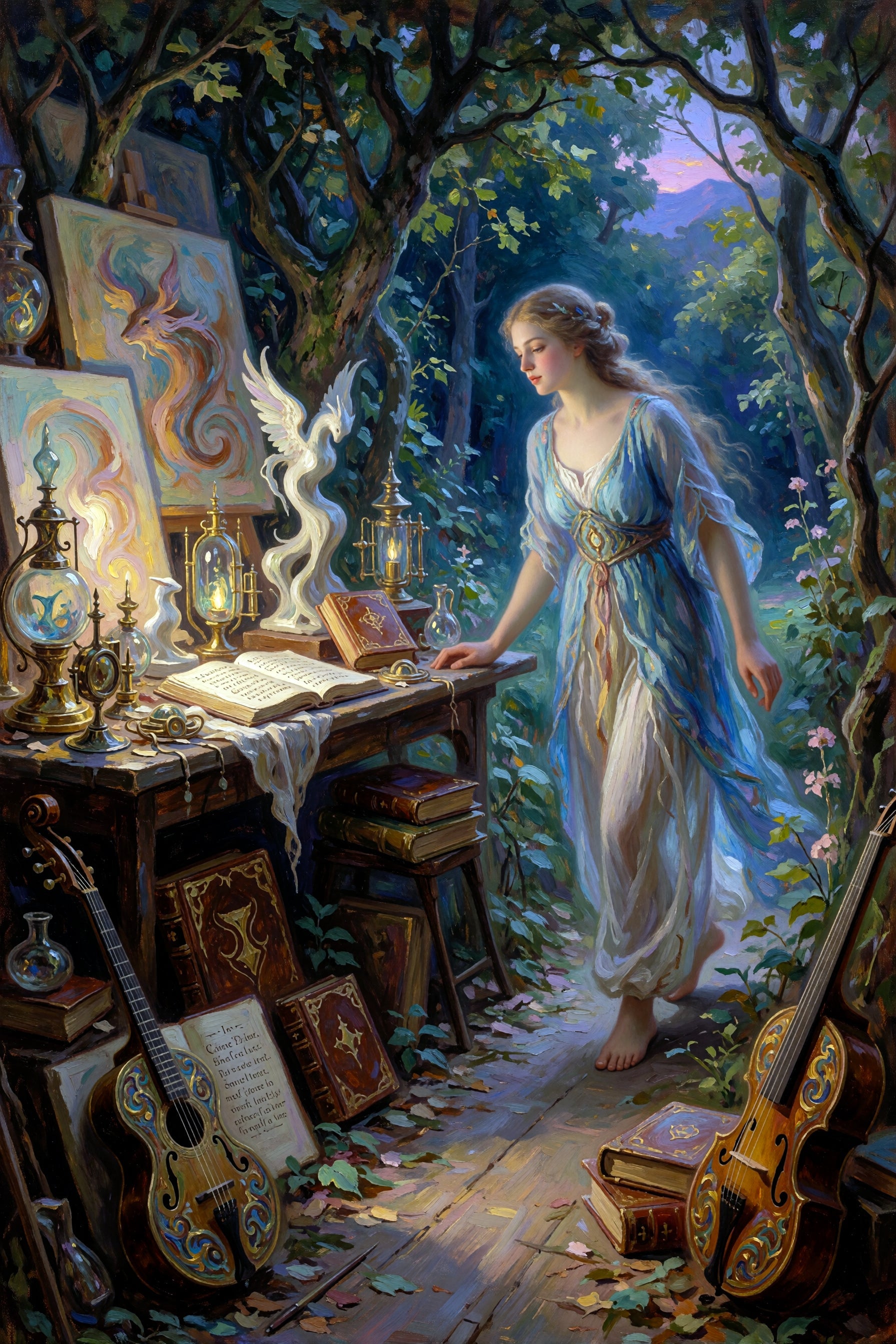 A woman in a blue dress standing in a mystical forest with artistic and musical instruments.