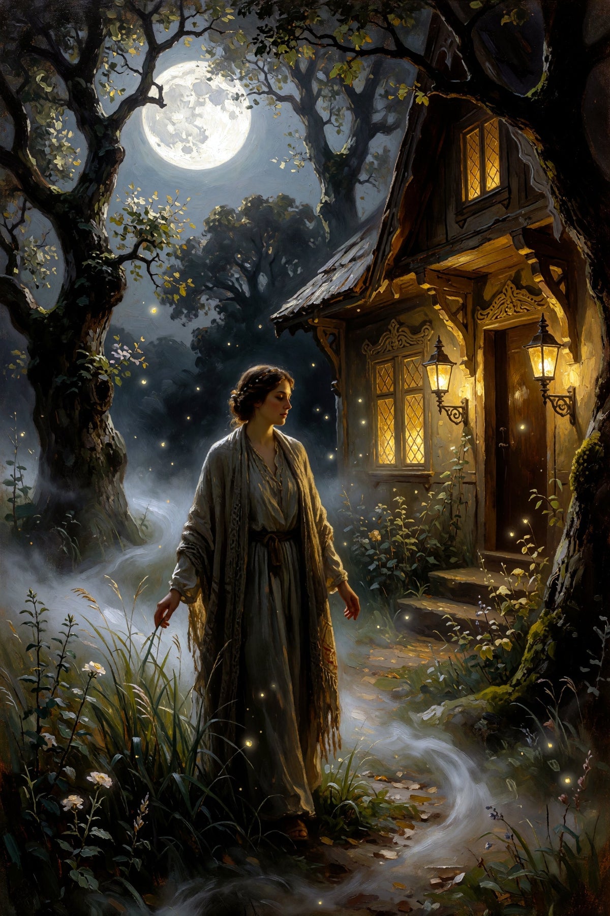 A woman standing in a mystical forest with a glowing cabin in the background