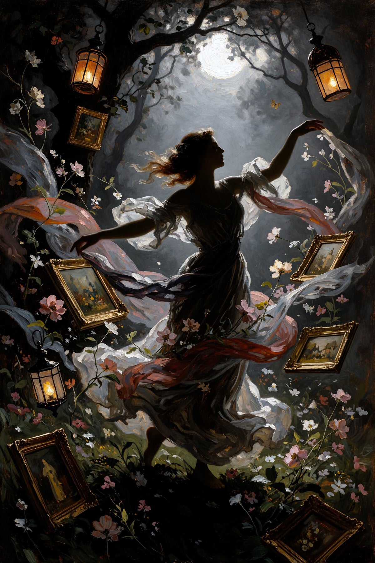 A figure dancing in a garden with flowers, lanterns, and framed pictures under a moonlit sky.