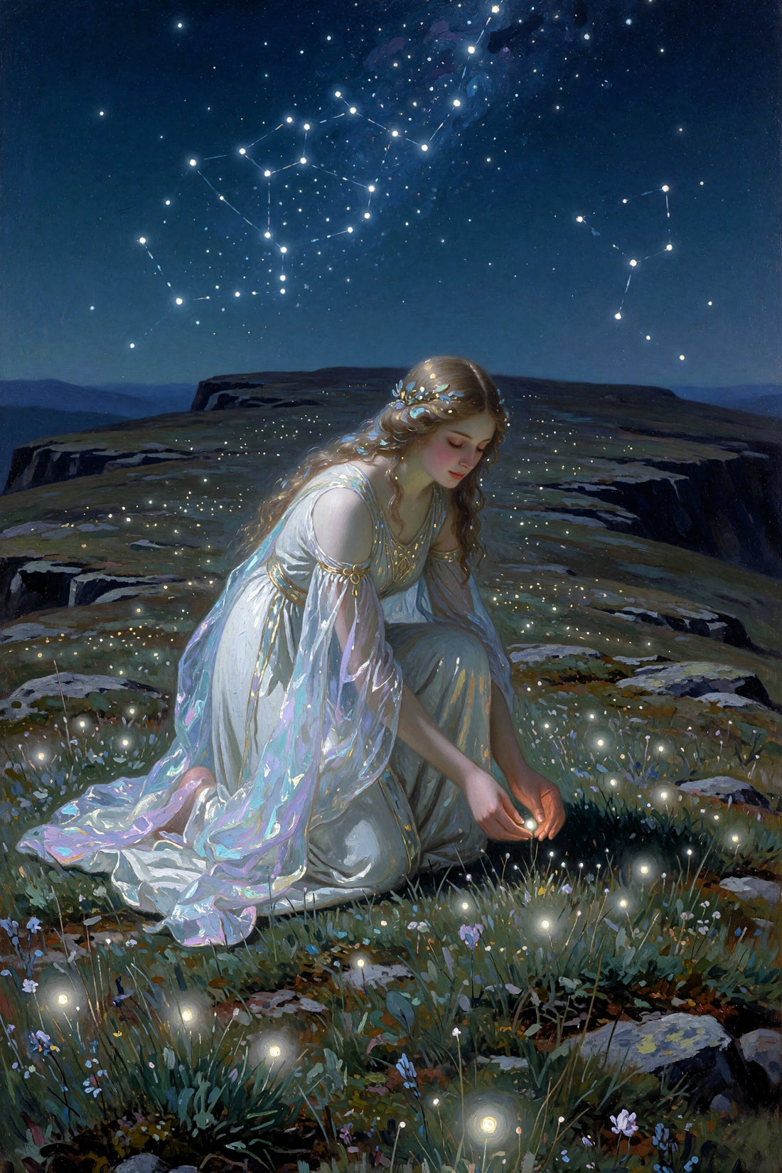 A woman in a white dress sitting on a rocky outcrop under a starry night sky.