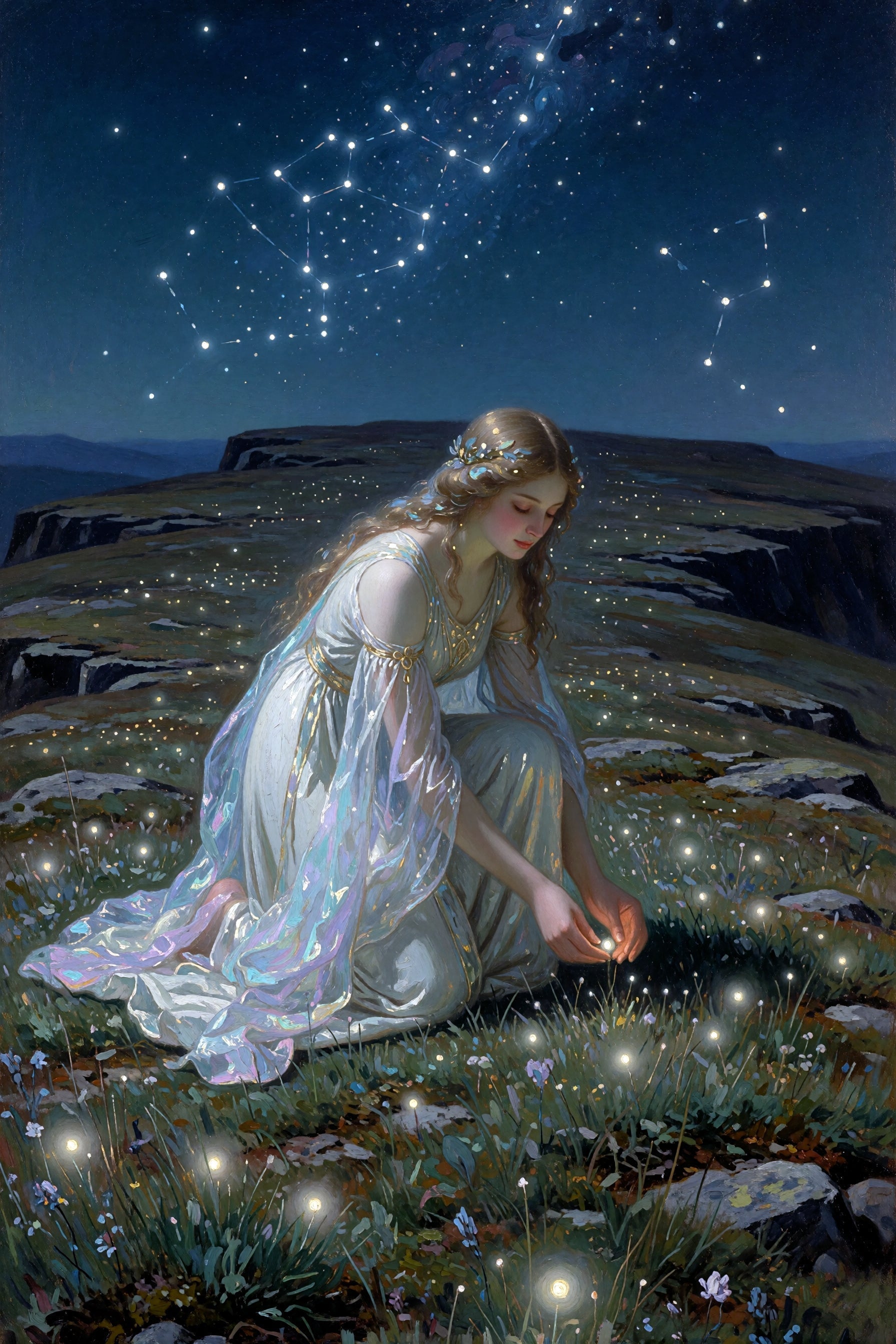 A woman in a white dress sitting on a rocky outcrop under a starry night sky.