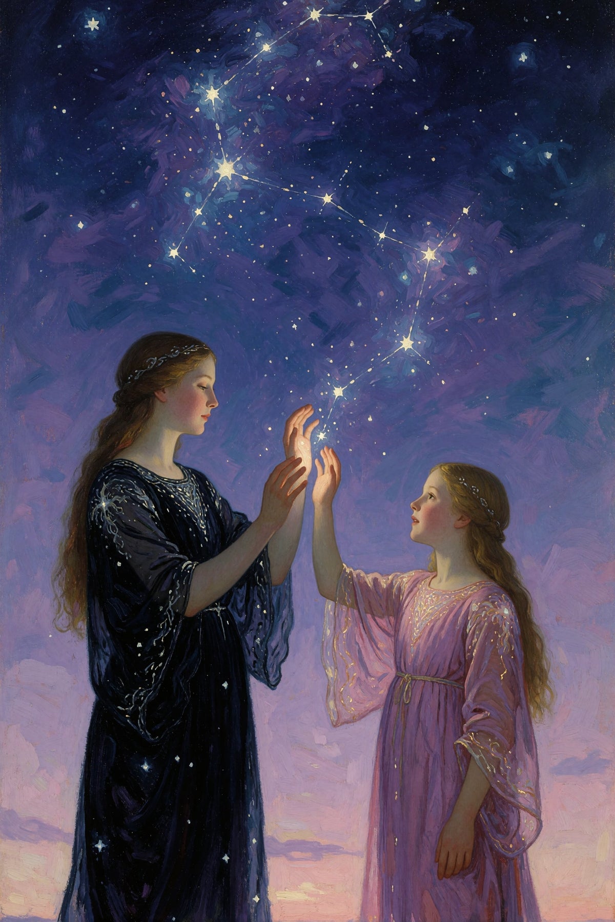 Two sisters holding hands under a starry sky with constellations.