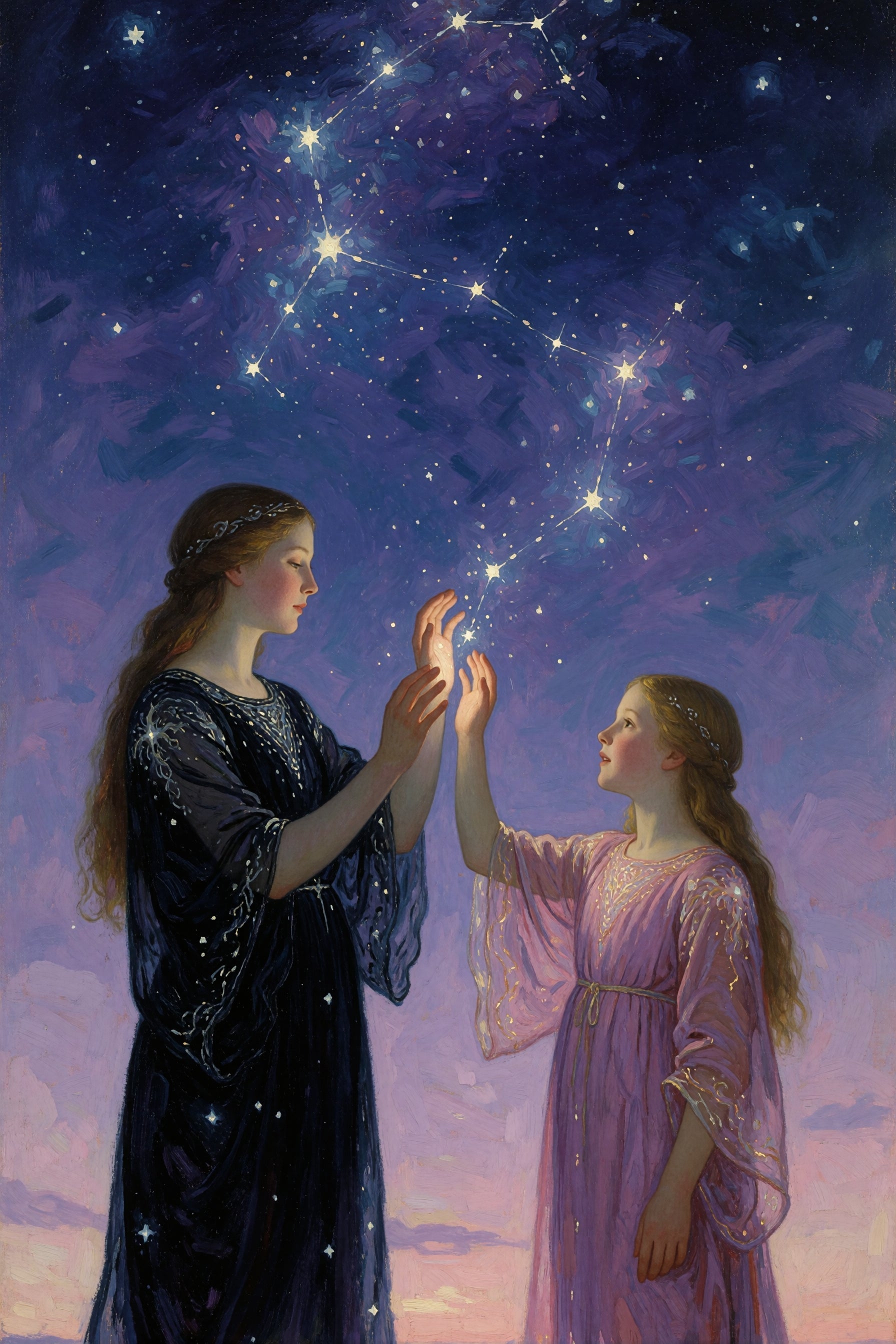 Two sisters holding hands under a starry sky with constellations.