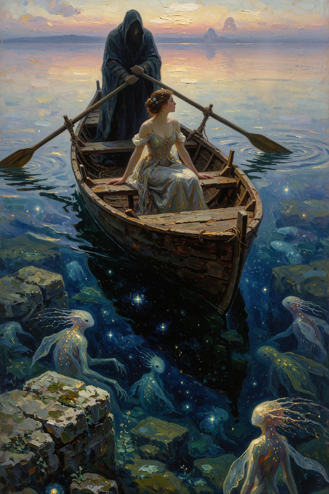 A fantasy-style artwork showing a woman in a pale gown sitting in a wooden boat on calm water while a cloaked roarer figure stands behind her with oars. Glowing blue and gold fish-like creatures swim around rocks in the water beneath the boat.