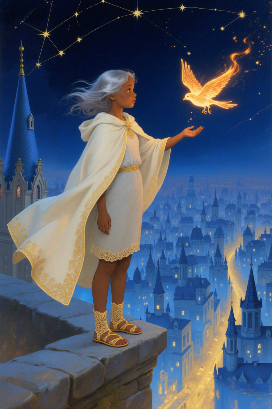 A girl in a white robe holding a glowing bird with a cityscape and starry sky in the background