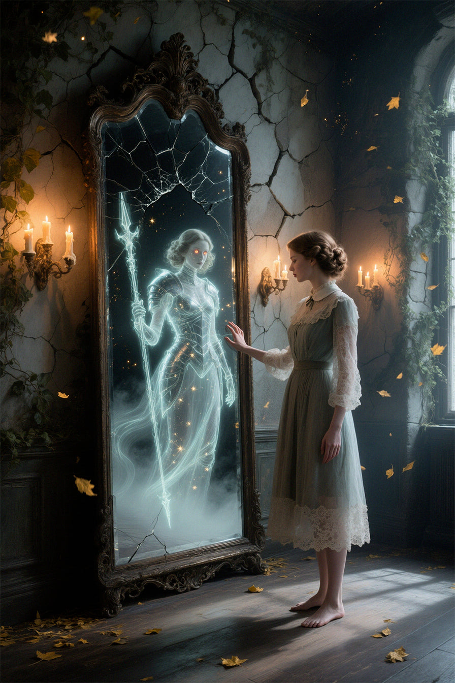 Woman in a vintage dress standing in a dimly lit room with a cracked mirror reflecting an ethereal figure.