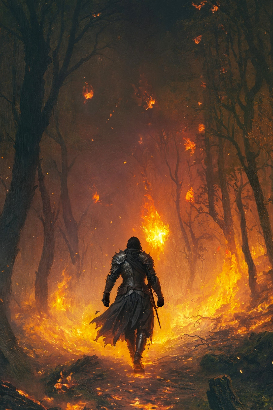 A determined warrior walks through a forest path engulfed in flames, leaving glowing embers with each step.