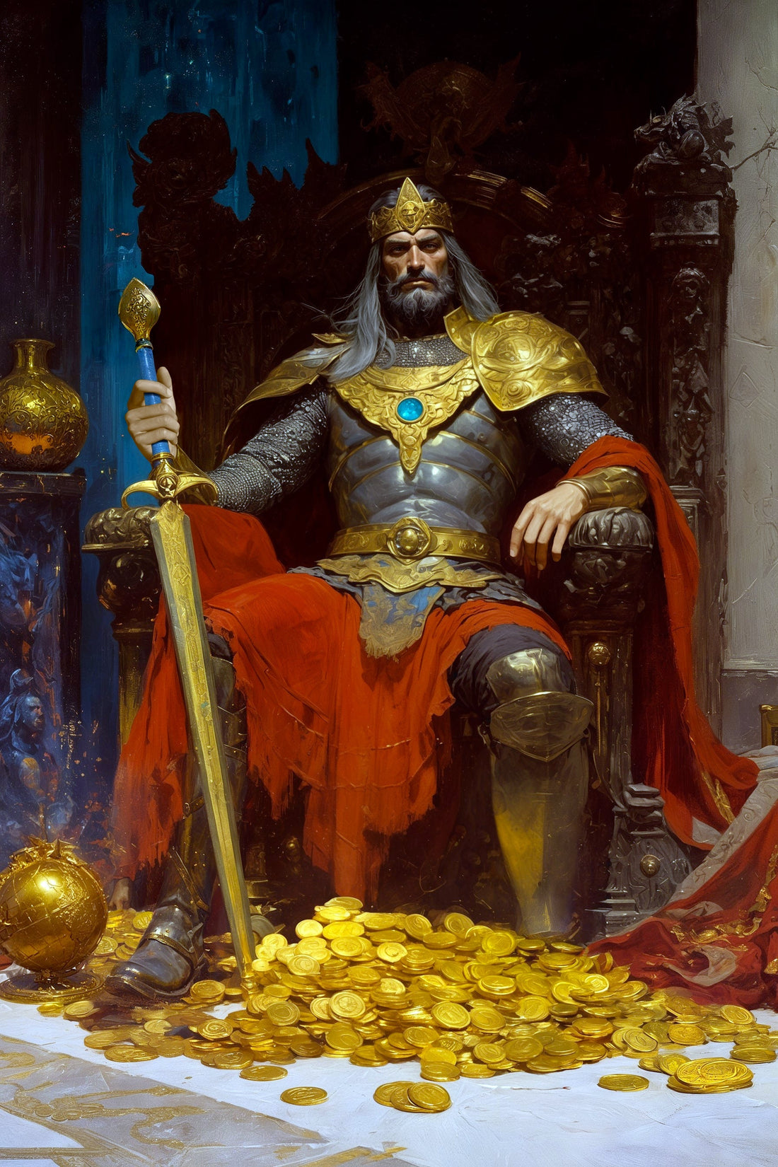 A warrior sits confidently on a throne decorated with gold coins, lush fabrics, and glowing gems.