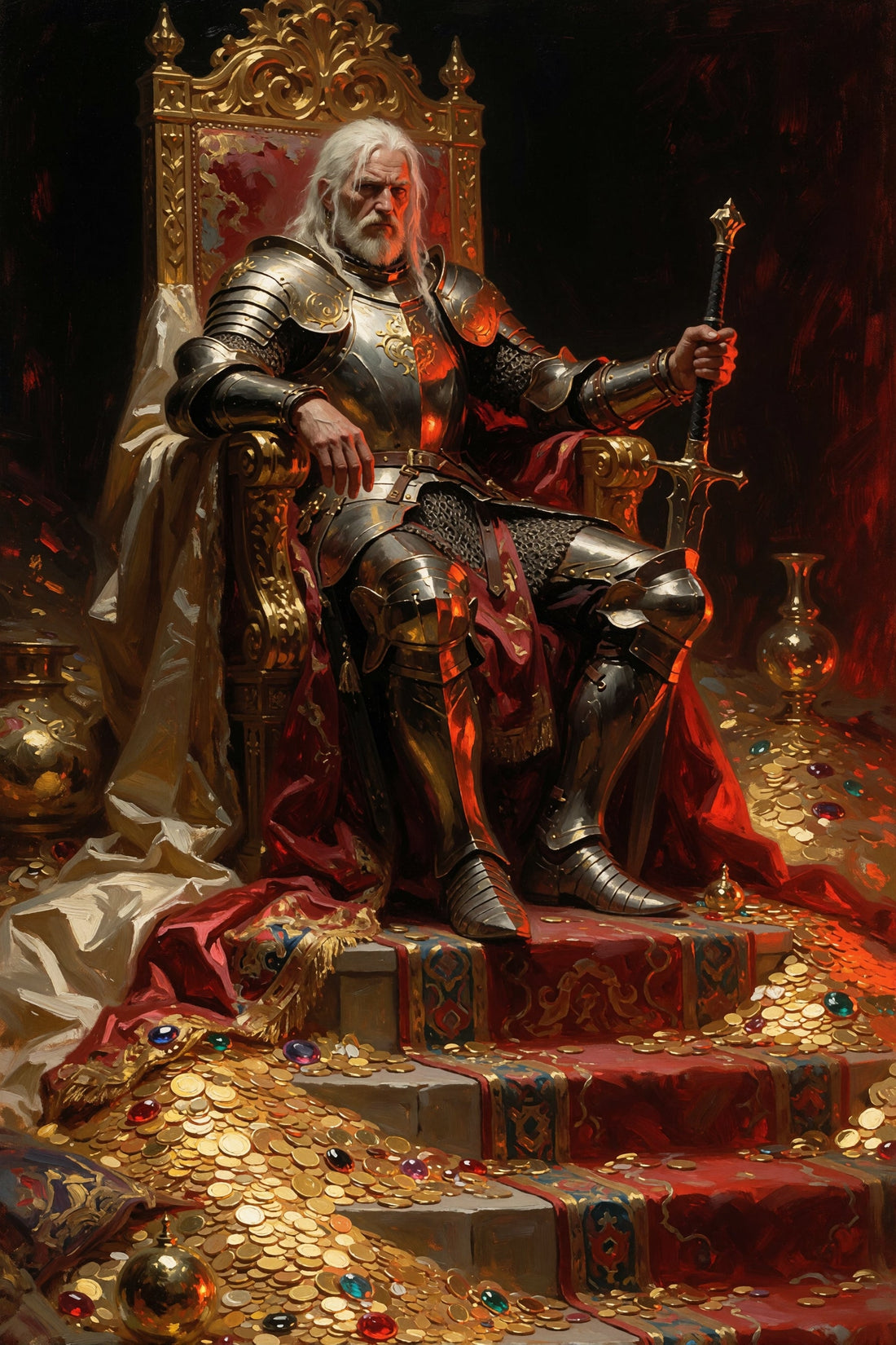 A warrior sits confidently on a throne decorated with gold coins, lush fabrics, and glowing gems.