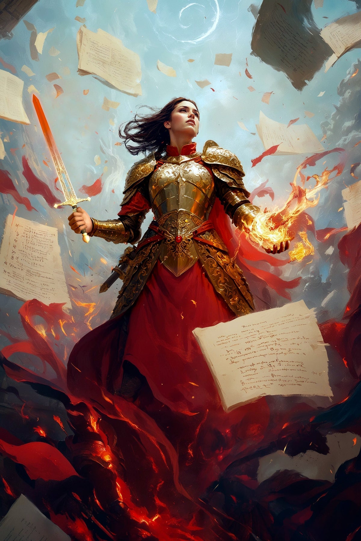 A fierce warrior in crimson and gold armor wields a glowing sword amidst a storm of floating papers, symbolizing intellect and bold action.