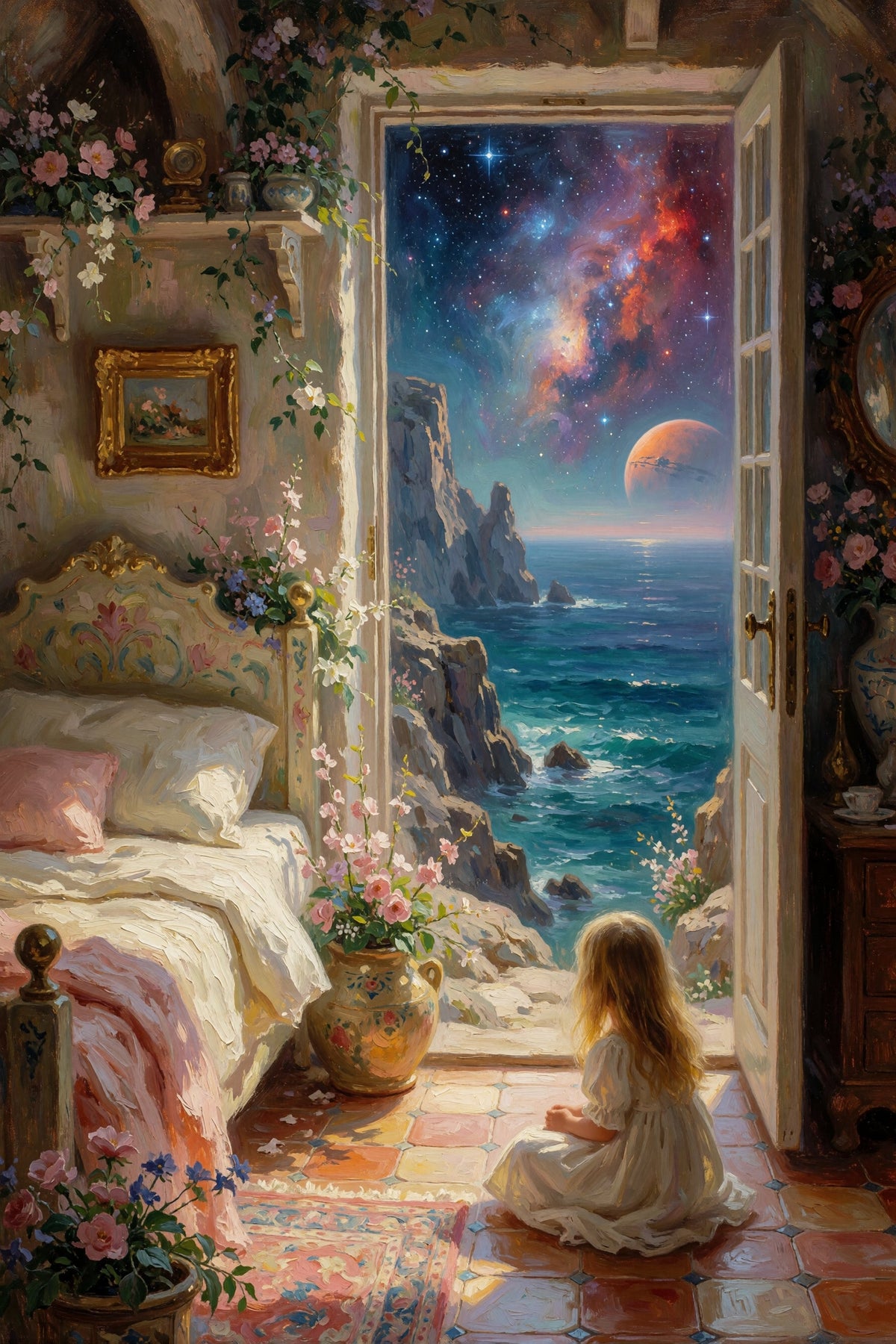 A girl in a white dress sitting on a floor looking out at a dream like landscape with a planet and stars.