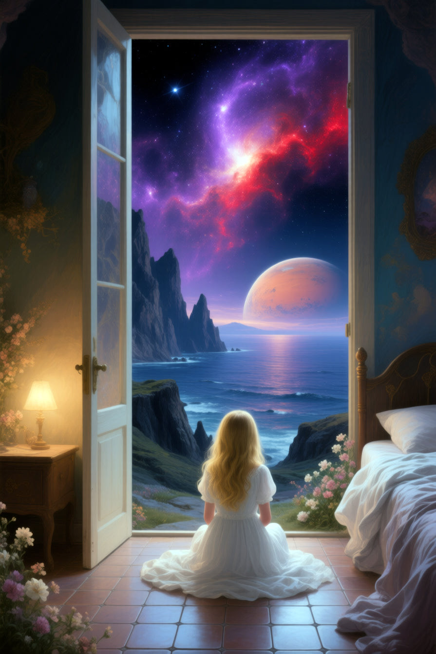 A girl in a white dress sitting on a floor looking out at a dream like landscape with a planet and stars.