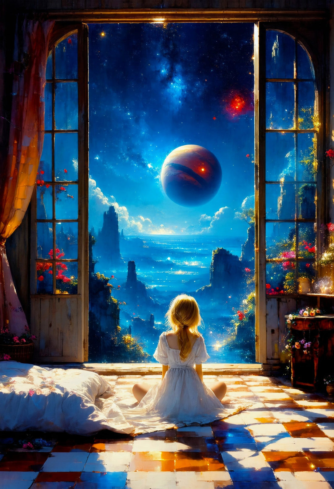 A room opens to a starry night sky, with Mars glowing red above. A blonde-haired girl in a white dress gazes at the planet from a checkered floor.