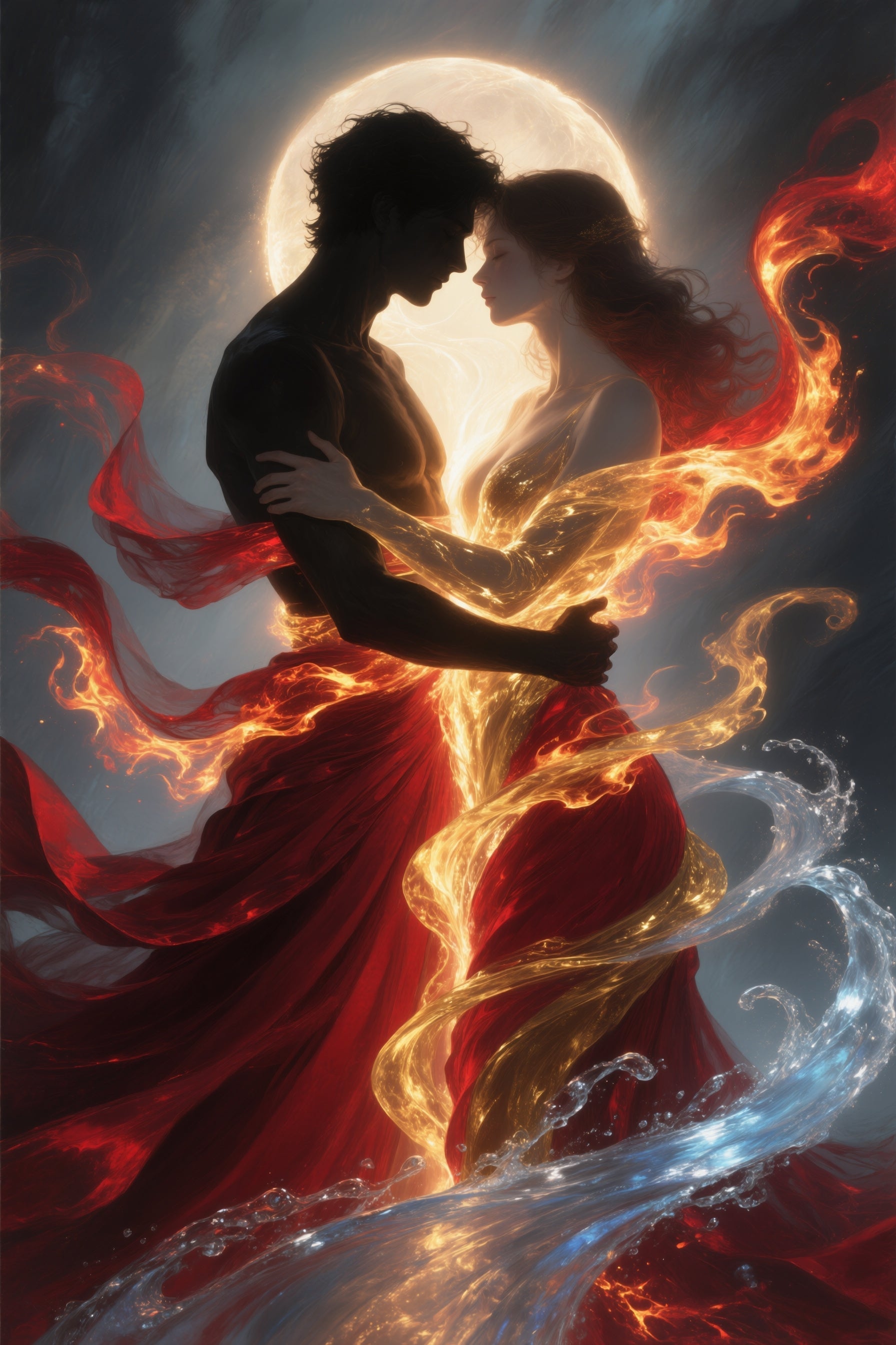 Couple embracing with fire and water elements against a dark background