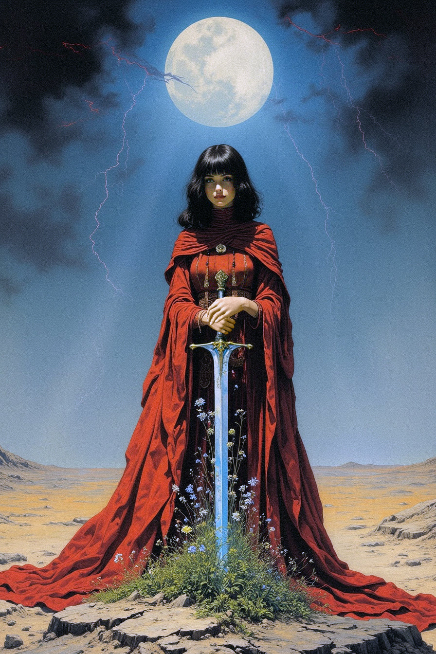 A lone priestess stands in a barren land, her sword planted in cracked earth. Life blooms where the blade meets soil, pulsing with a steady glow as red lightning flickers on the horizon.