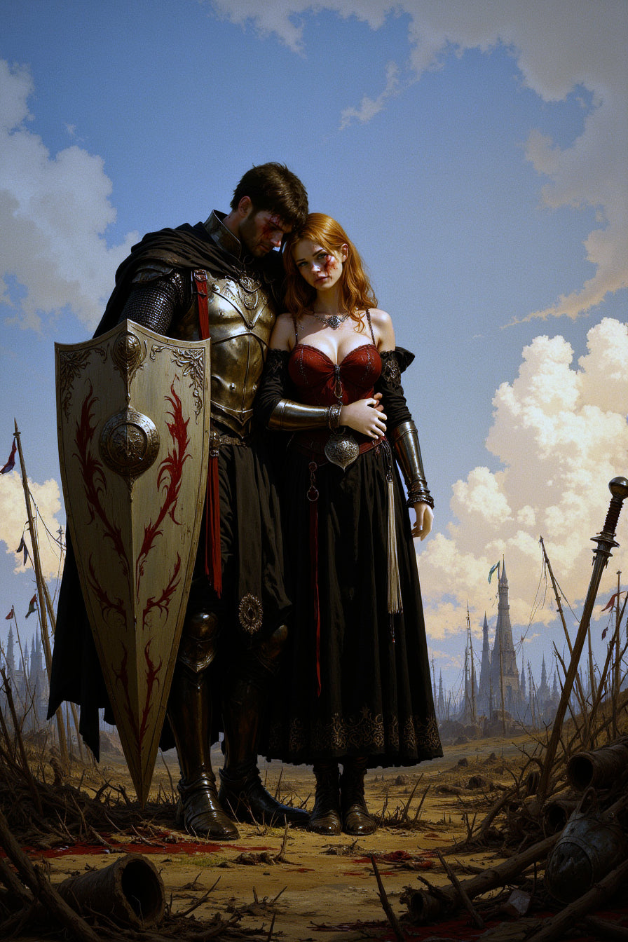 Two characters, one in armor and the other in a dress, standing in a desolate landscape with a castle in the distance.