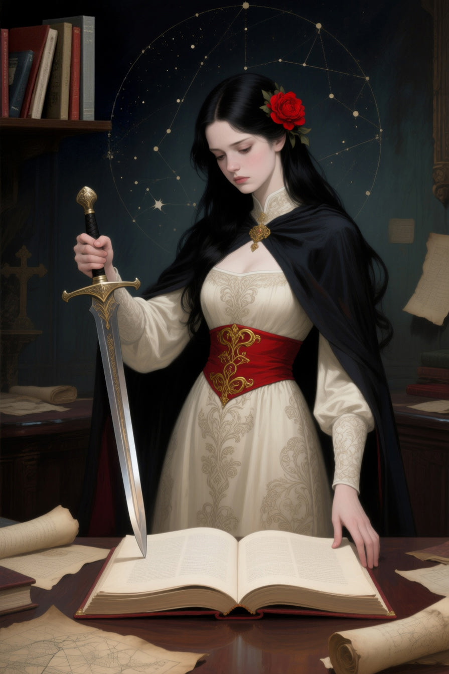 A woman in a white dress with a red belt holding a sword, standing over an open book in a room with books and a shelf.