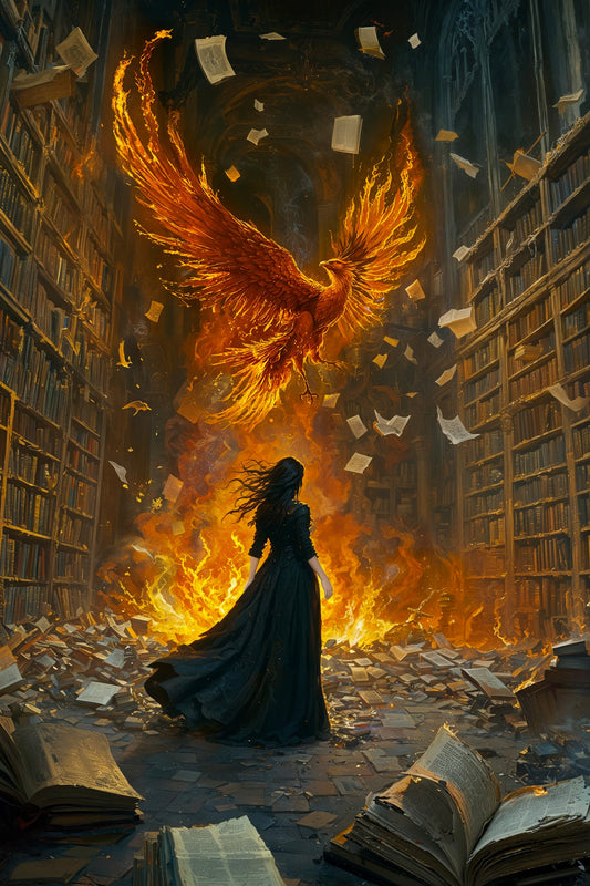 A woman stands in a dark chamber with ancient books and glowing symbols. A phoenix rises in front of her, symbolizing renewal. The scene is illuminated by fiery embers.