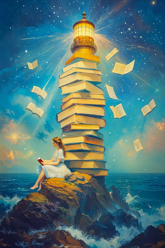 A towering lighthouse made of books and scrolls emits radiant beams of light. At its base, a woman reads a book by an expansive ocean, symbolizing her role as both learner and teacher in the pursuit of understanding.