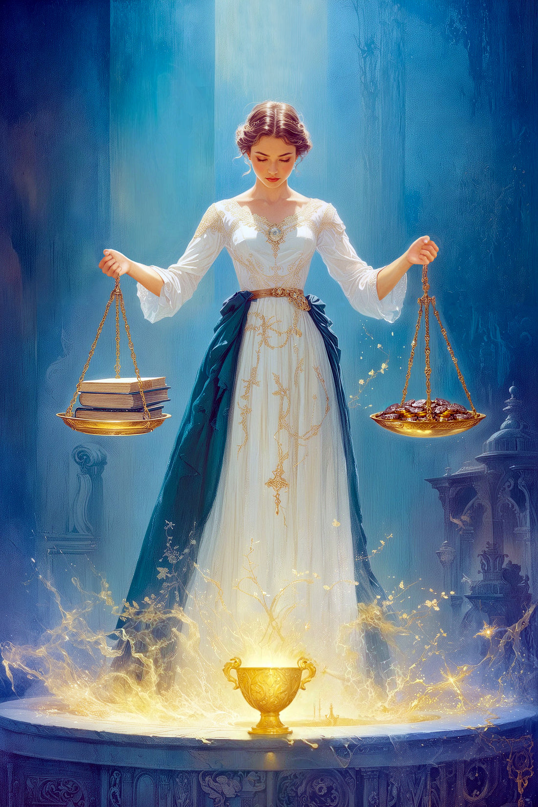 A woman in a dimly lit room holds golden scales with books and coins, symbolizing knowledge and achievements. She stands composed, reflecting balance and precision.