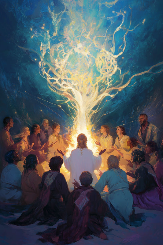 A painting of a diverse group in a circle, reaching towards the light emanating from a woman at the center, symbolizing unity and collaboration.