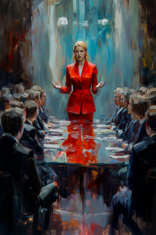 A painting of a woman in a red suit standing at a glass conference table, passionately addressing a captivated, faceless audience under focused overhead lights.