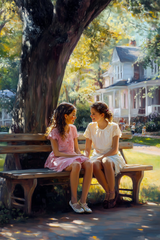 Two girls sit closely on a wooden bench under a large tree in a sunlit neighborhood, sharing warm expressions. Children play in the softly lit background.