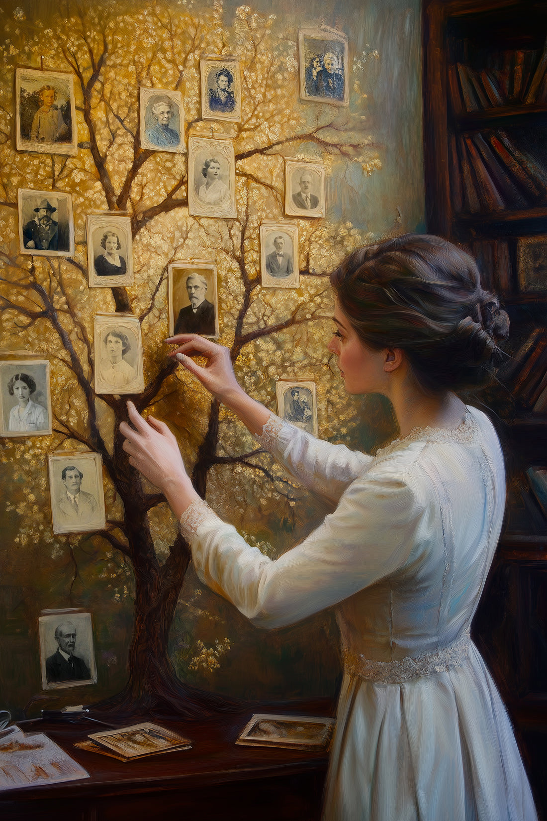 A woman stands in a warmly lit room, touching a gilded family tree on the wall. Photos of ancestors are connected to the tree. In the background, vintage heirlooms and books are visible, highlighting her connection to her ancestry.