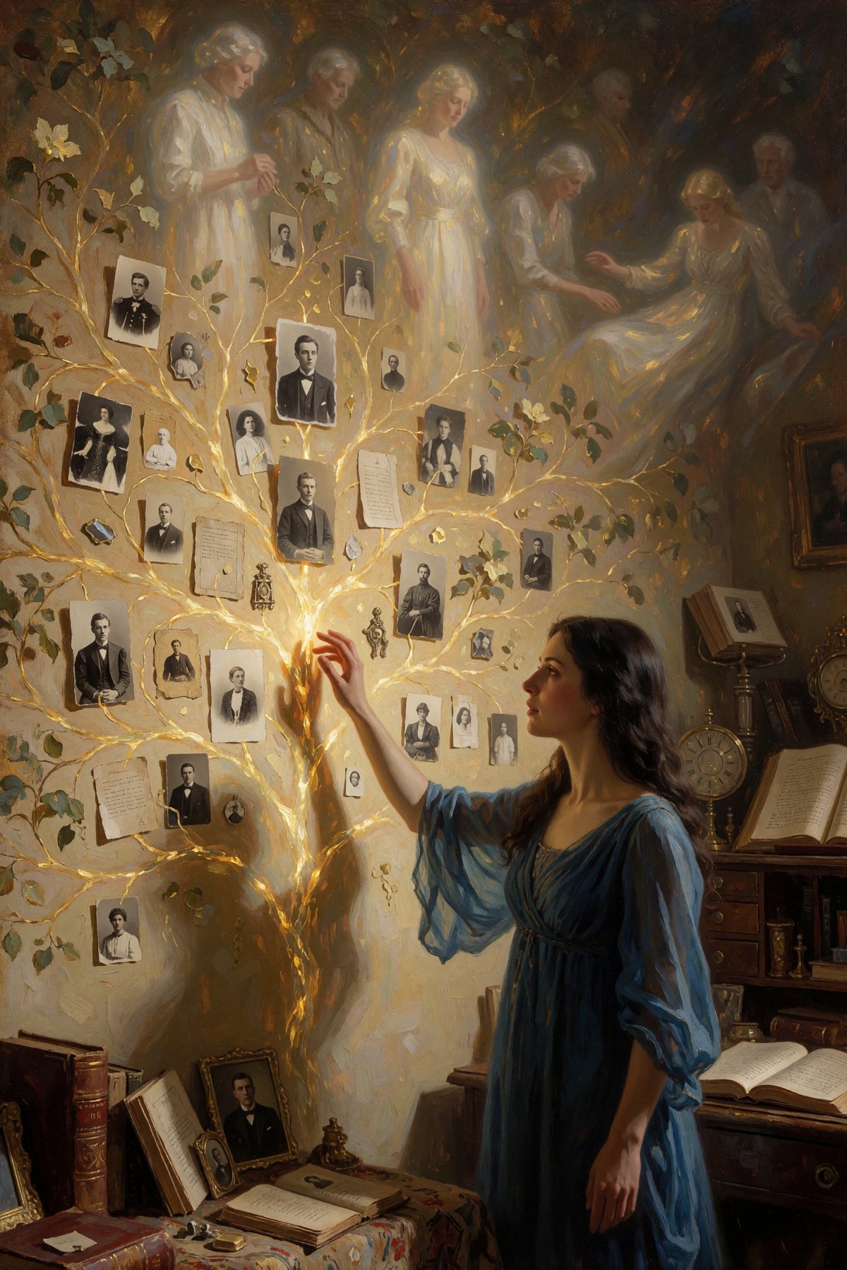 A woman in a blue dress stands in a dimly lit room touching a glowing family tree wall mural made of framed portraits and documents. The scene is warm, vintage, and atmospheric, with books, a desk, and ghostly figures visible in the mural.