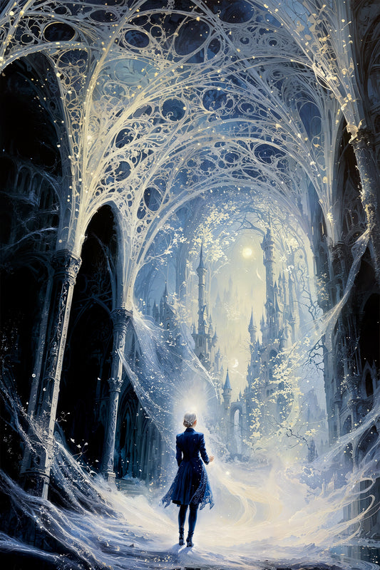 A woman with snow-white skin weaves glowing threads that morphs into misty castles and otherworldly landscapes, illuminated by moonlight through tall, gothic like structures.