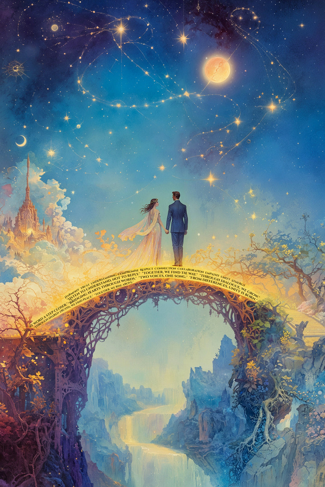 A man and woman stand on opposite sides of a glowing bridge made of words, holding hands. Their calm, intent expressions reflect compromise. The background features sunrise colors, suggesting hope and growth.