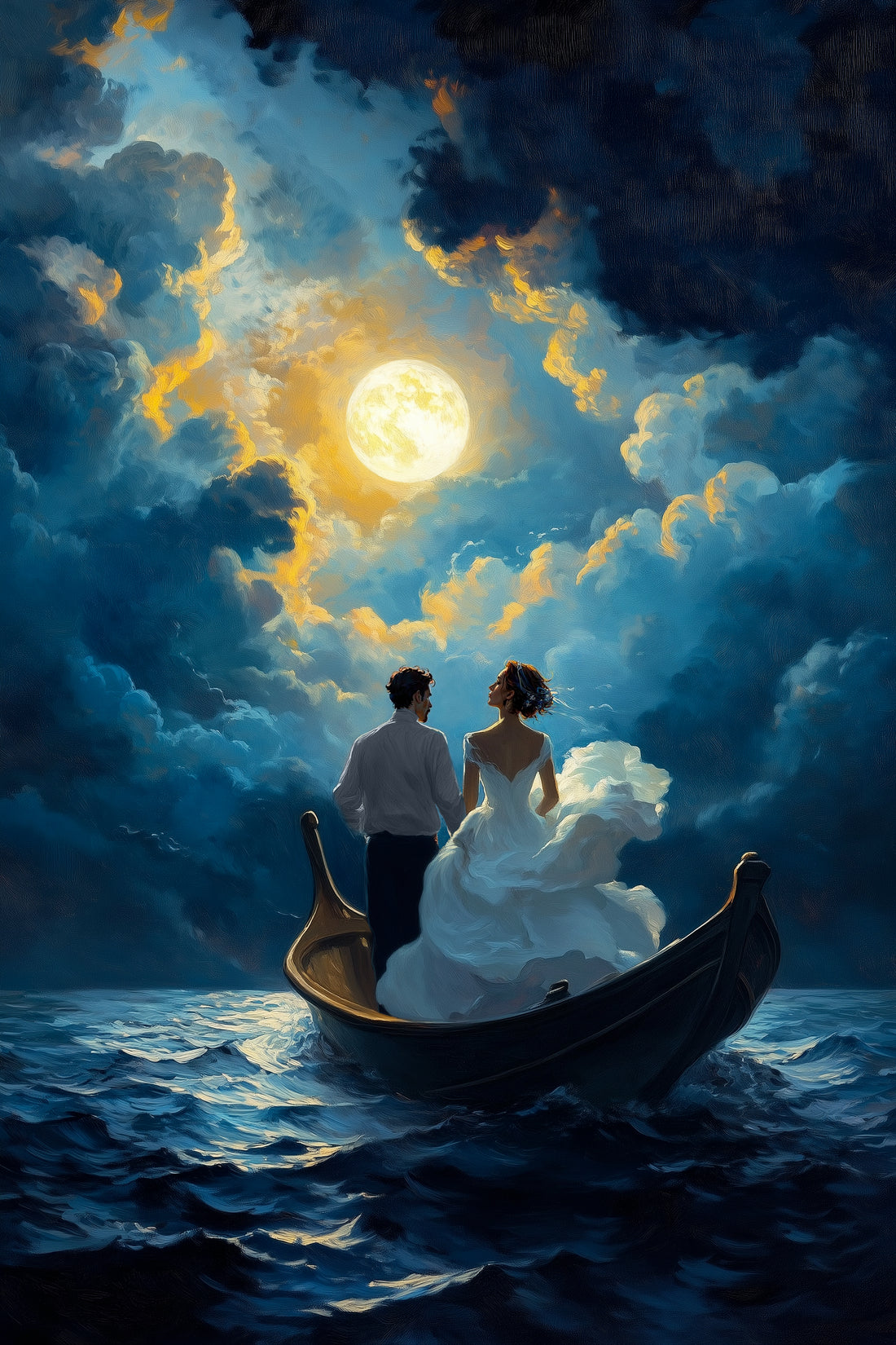 A wedding in a boat beneath a turbulent sky, with the moon piercing through the clouds, symbolizing their journey through emotional turmoil towards harmony.