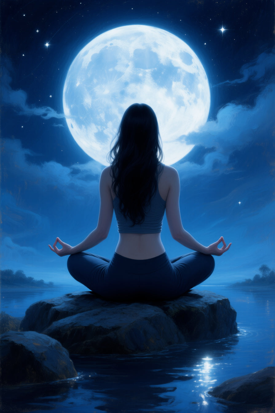 A woman meditating under a large moonlit sky.