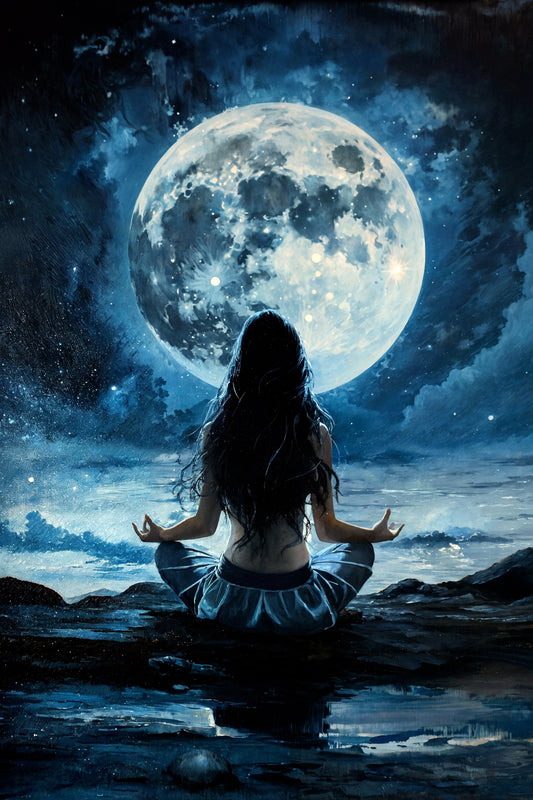 Woman with black hair meditates under full Moon, lunar energy swirling and merging with her being.