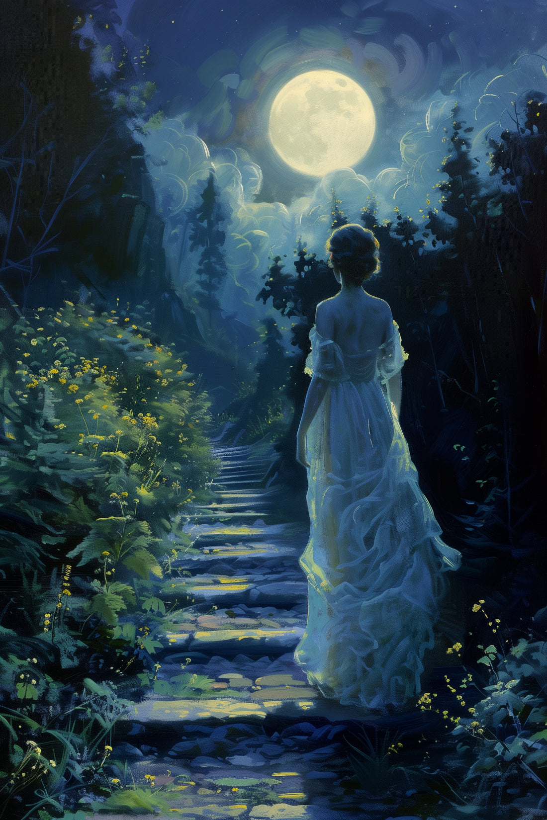 A figure navigates a moonlit path, symbolizing a journey guided by intuition and mystery.