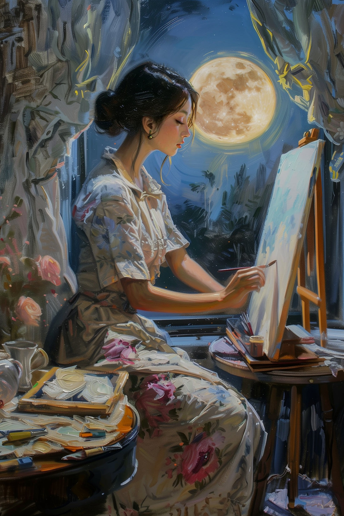 A female artist works under the Moon, her creations illuminated by its light, symbolizing emotional inspiration.