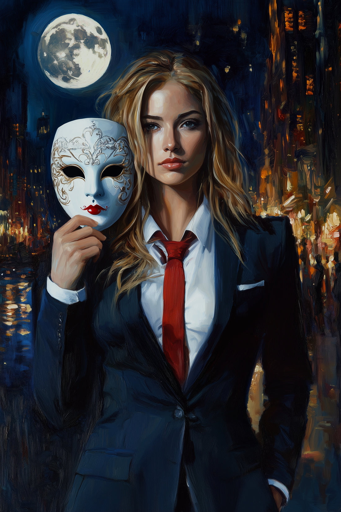 A blonde woman in a business suit dramatically holds a Venetian mask, revealing her true emotions behind her professional facade, set against a moonlit cityscape.