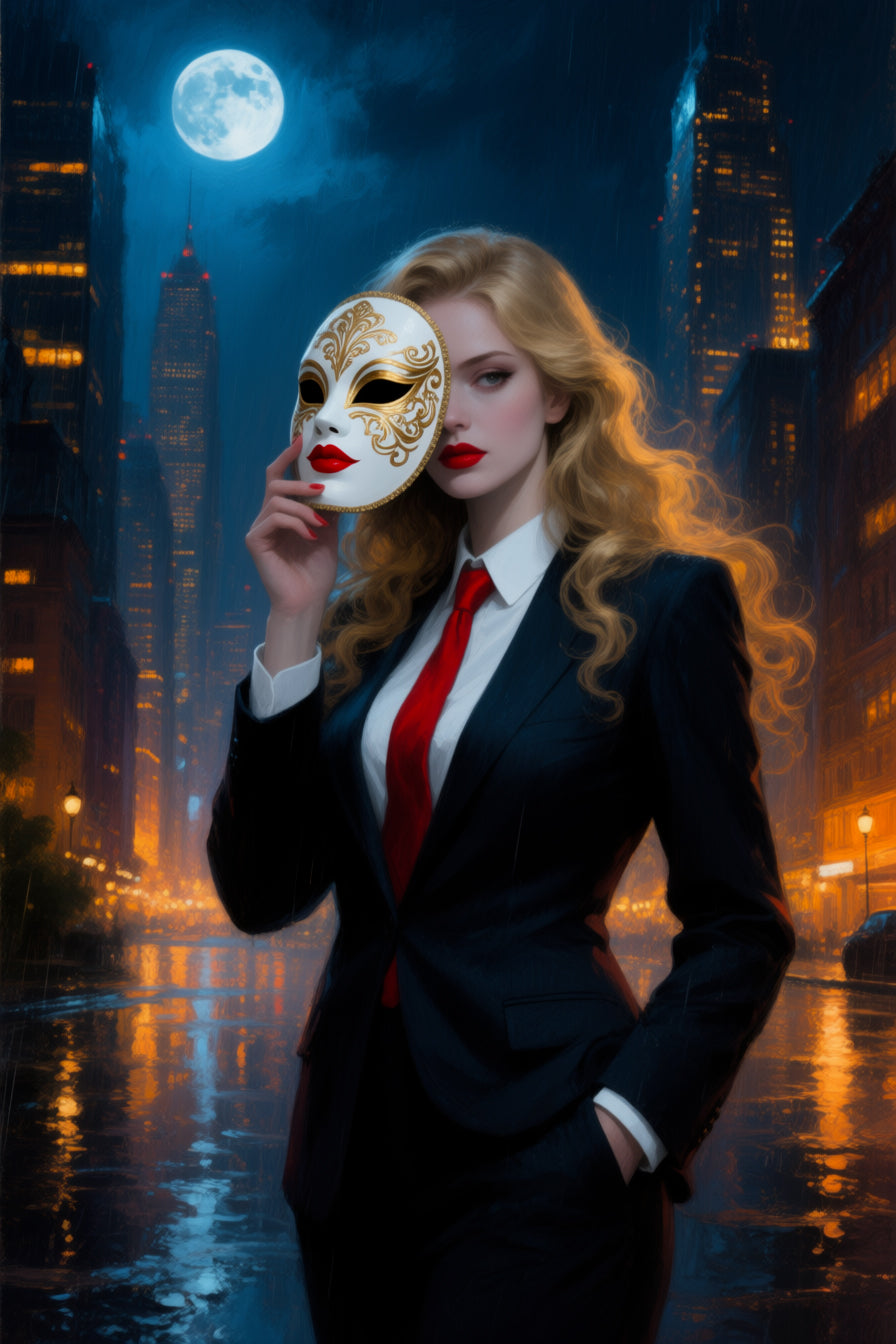 A woman in a suit holding a mask against a cityscape at night