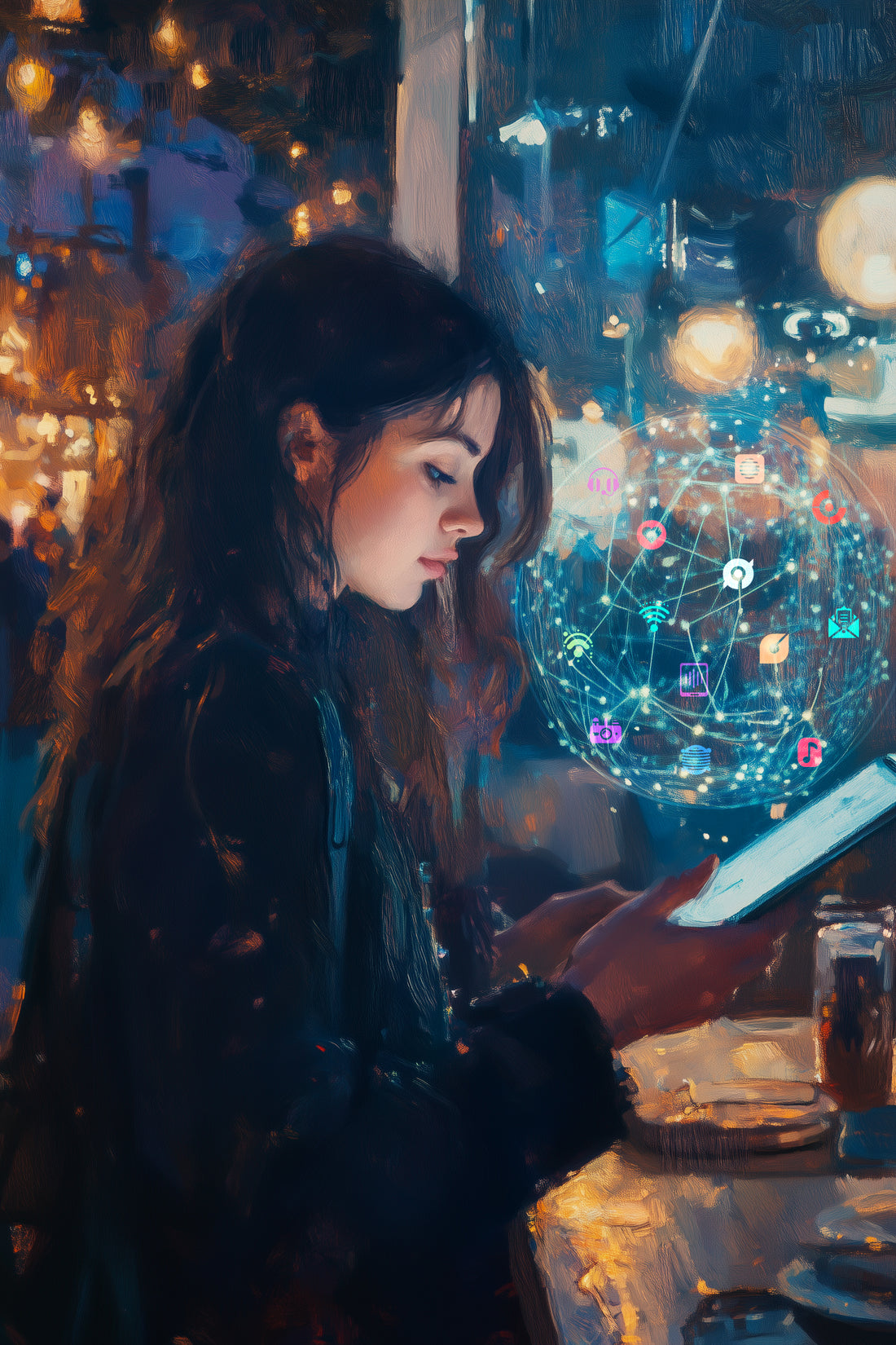 A woman stands at an outdoor cafe under a full Moon, engrossed in her tablet, which projects holographic connections symbolizing her digital social networks. Her stylish outfit reflects the moonlight, with a crowd in the background.