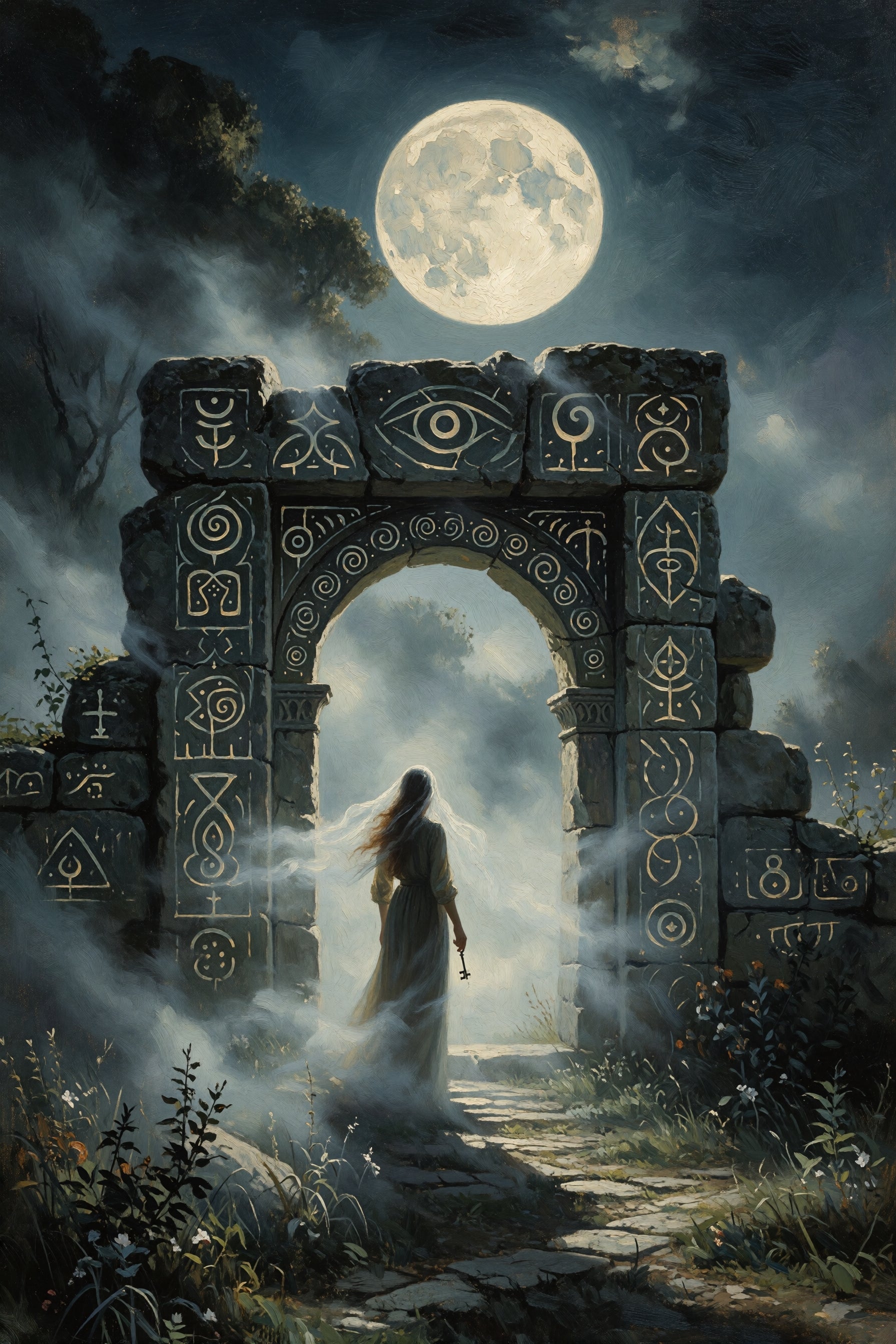 A robed figure holding a key stands before an ancient stone archway carved with mystical symbols, bathed in moonlight beneath a luminous full moon and stormy night sky.