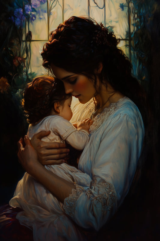 A tender scene of a mother gently cradling her child, beautifully captured in a painting, highlighting the nurturing and supportive essence of maternal love.