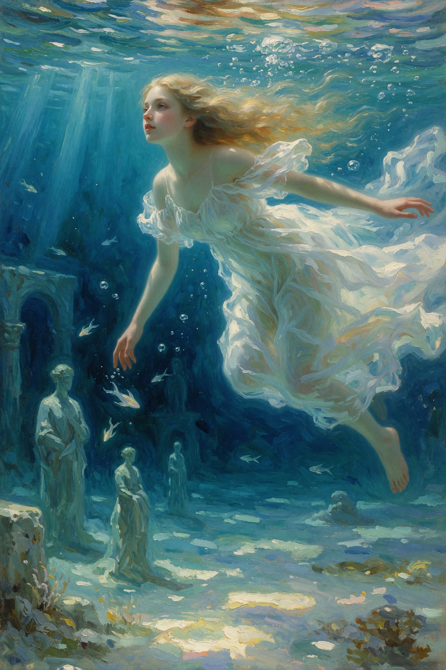 An underwater fantasy painting of a woman floating in a flowing white dress, surrounded by blue water, bubbles, sea creatures, and stone statues in a sunlit underwater cave.
