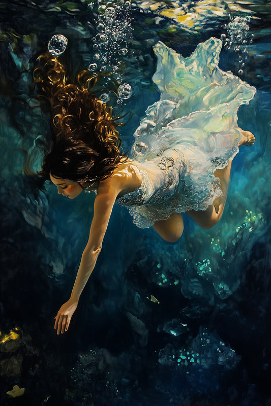 A captivating artwork depicts a beautiful woman gracefully diving into the depths of a dark ocean. The swirling waters envelop her, symbolizing the exploration of hidden emotions and the mysterious currents of the subconscious mind.