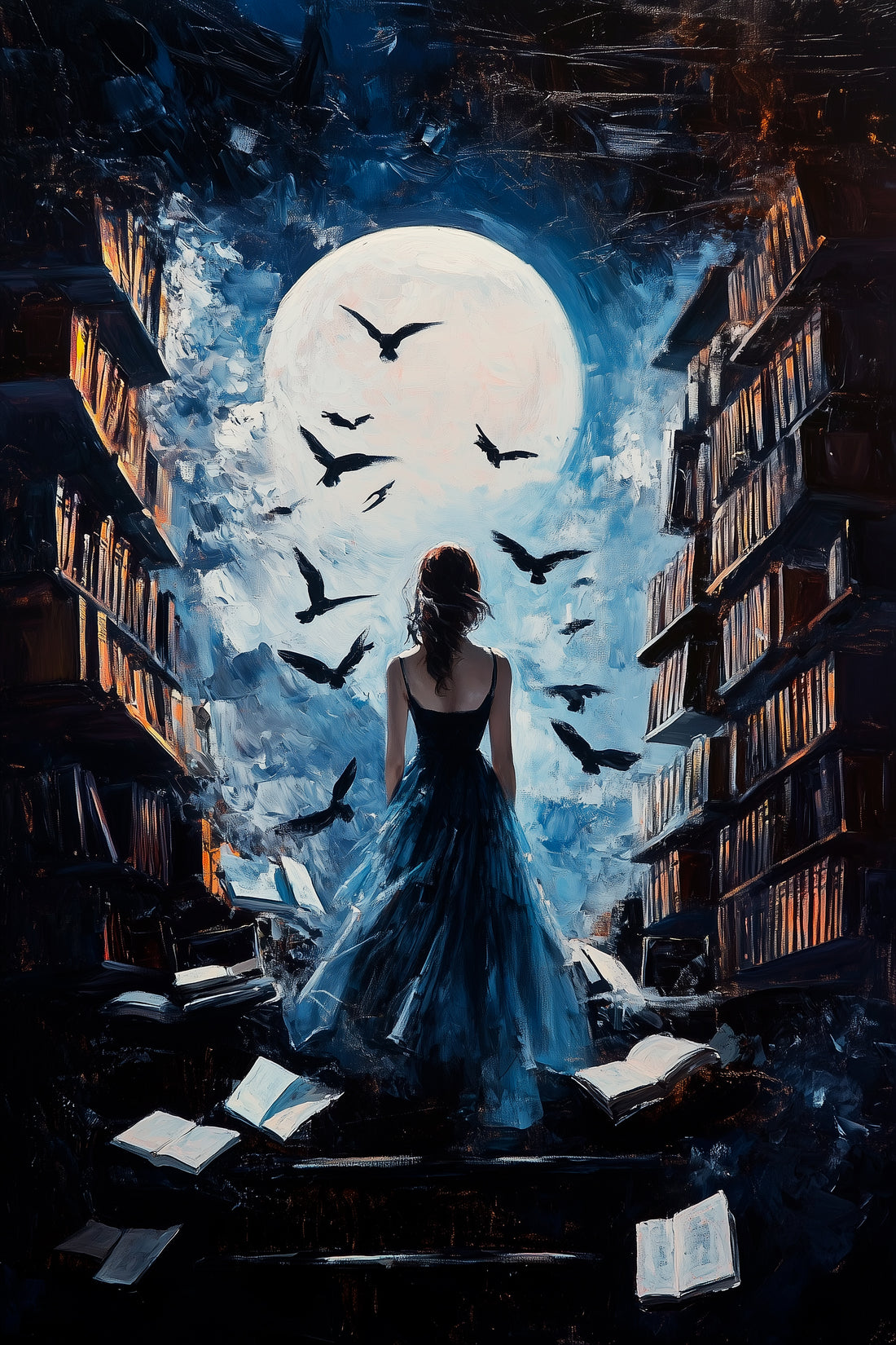 A beautiful woman stands at the edge of a vast library, watching as birds fly into the moonlit horizon. This scene symbolizes the quest for knowledge and emotional exploration under the serene night sky.