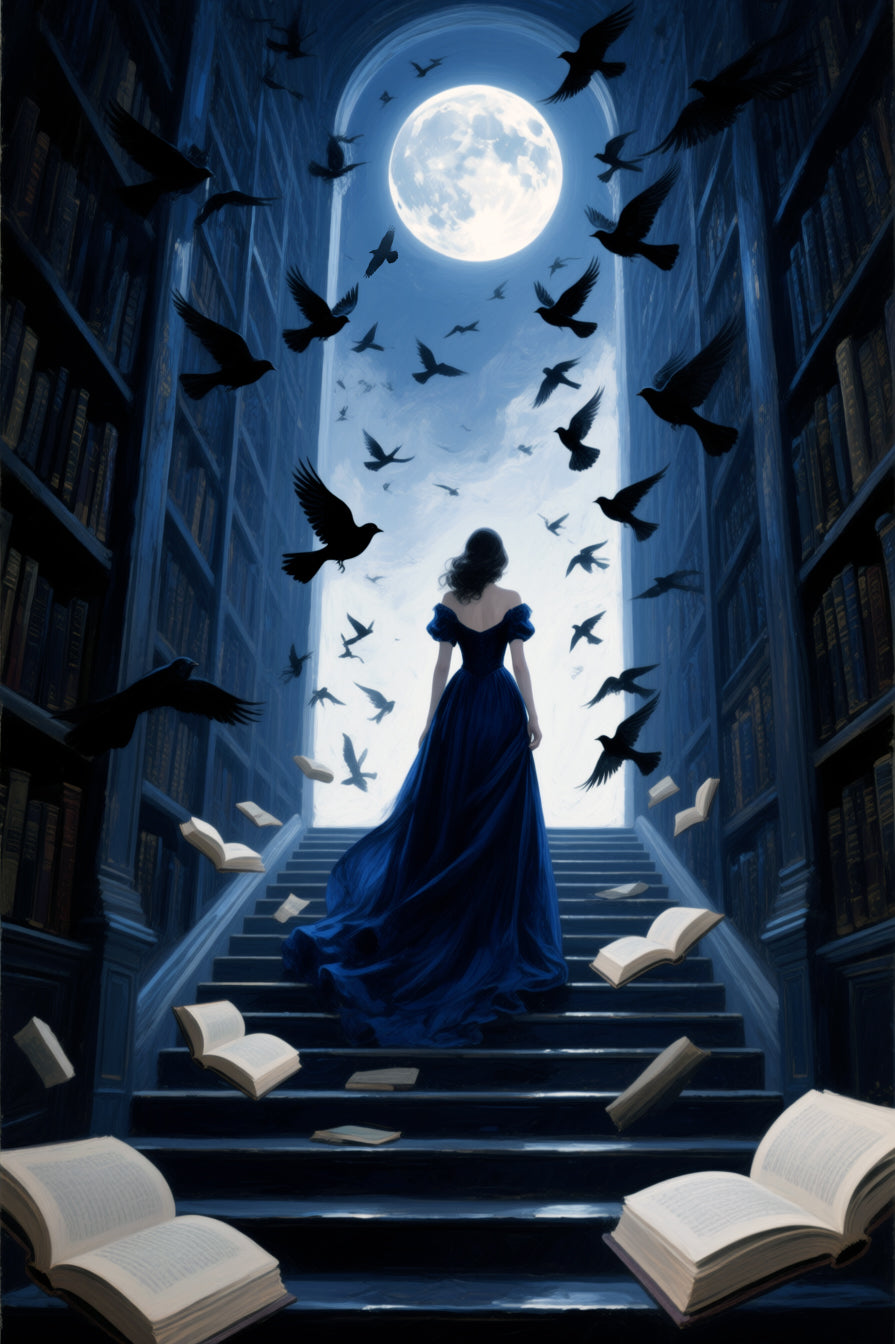 Woman in a blue dress standing on a staircase in a library with books and birds around, under a moonlit sky.