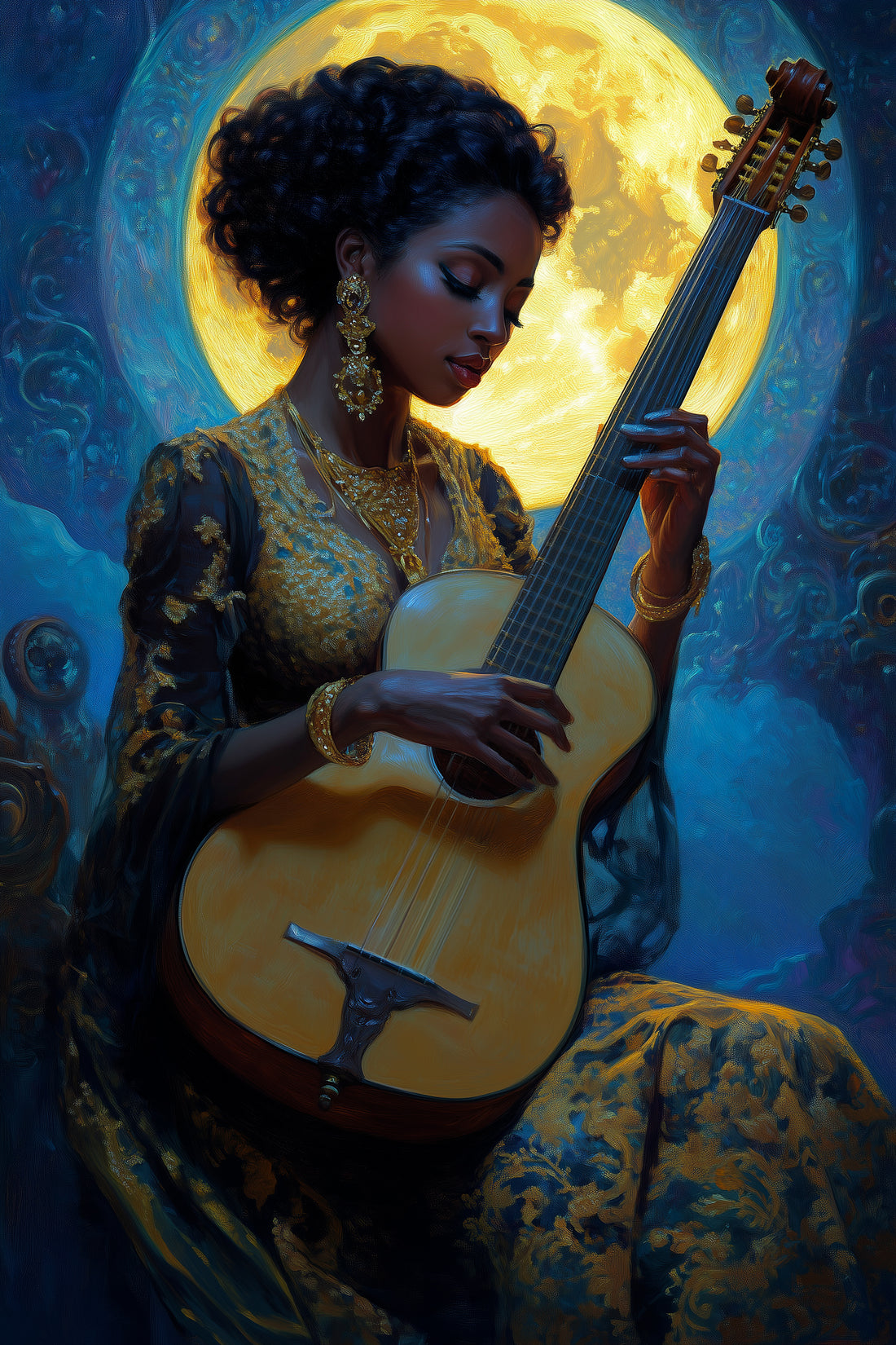 A beautiful woman playing a musical instrument beneath the moonlight, her music echoing her emotional depth and creative spirit.