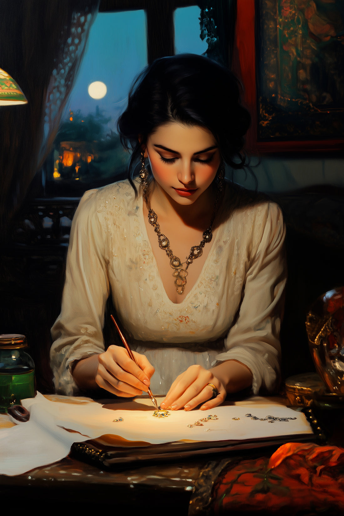 A painting of a woman carefully crafting jewelry, showcasing her meticulous attention to detail and the deep emotional fulfillment she finds in her art.