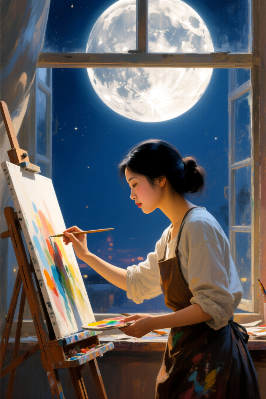 Woman painting with a large moon visible through a window.