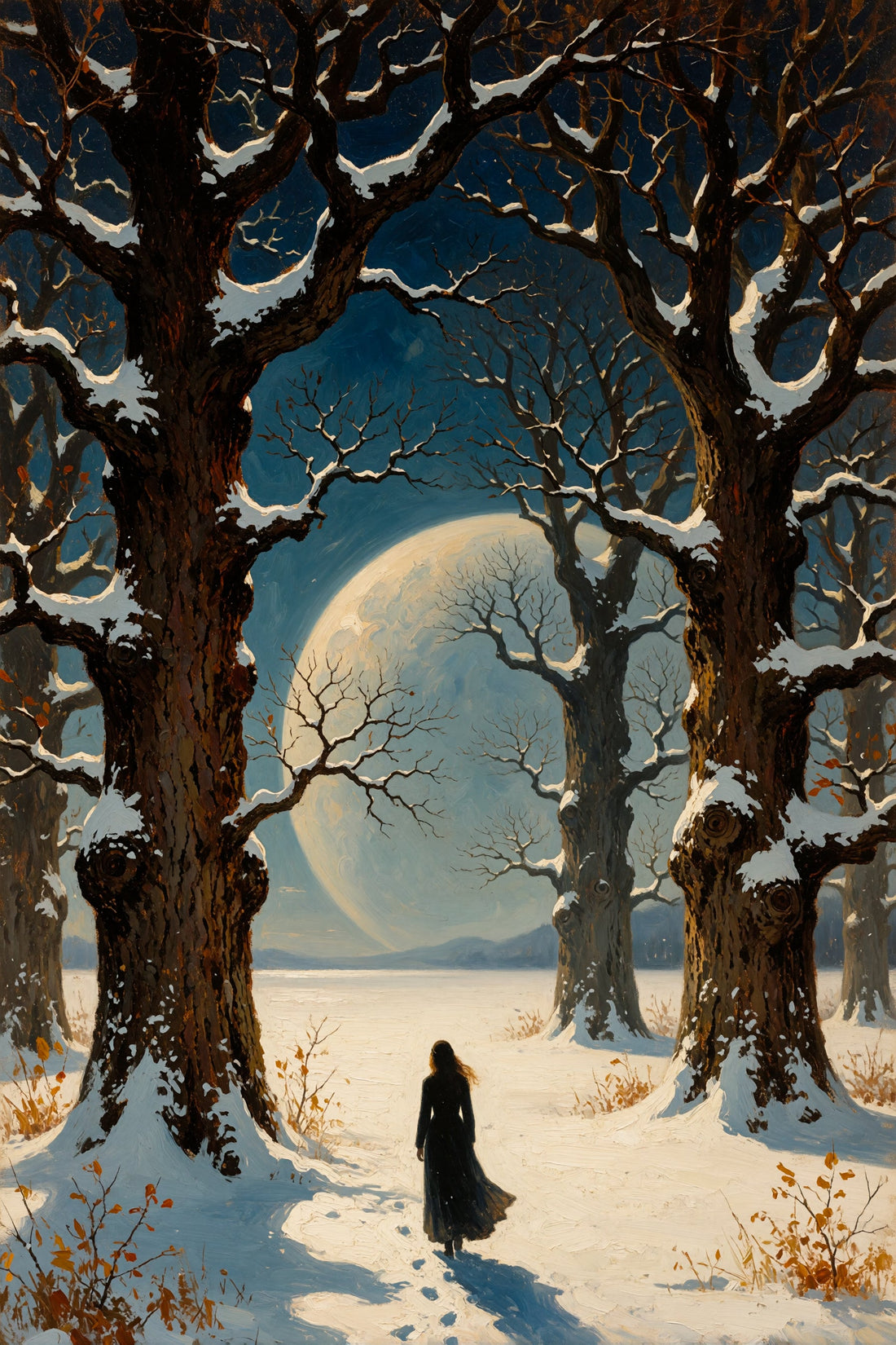 A snowy forest scene with bare trees framing a large glowing moon, and a lone dark figure walking along a snow-covered path in the foreground.